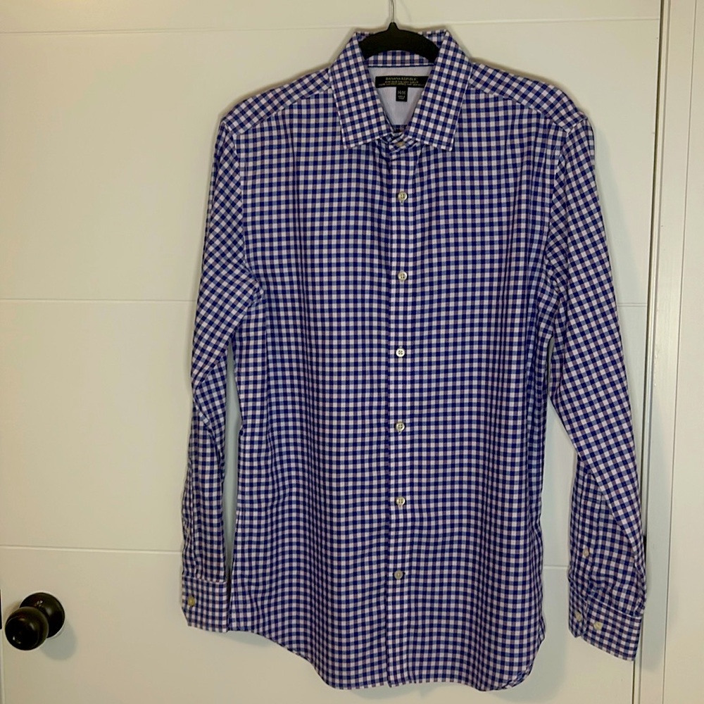 banana republic, non-iron tailored, slim fit, medium, purple, checkered shirt